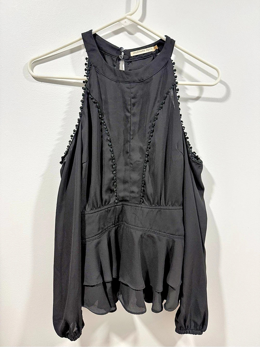 Mustard Seed Black Cold Shoulder Ruffle Whimsical Peplum Blouse size S